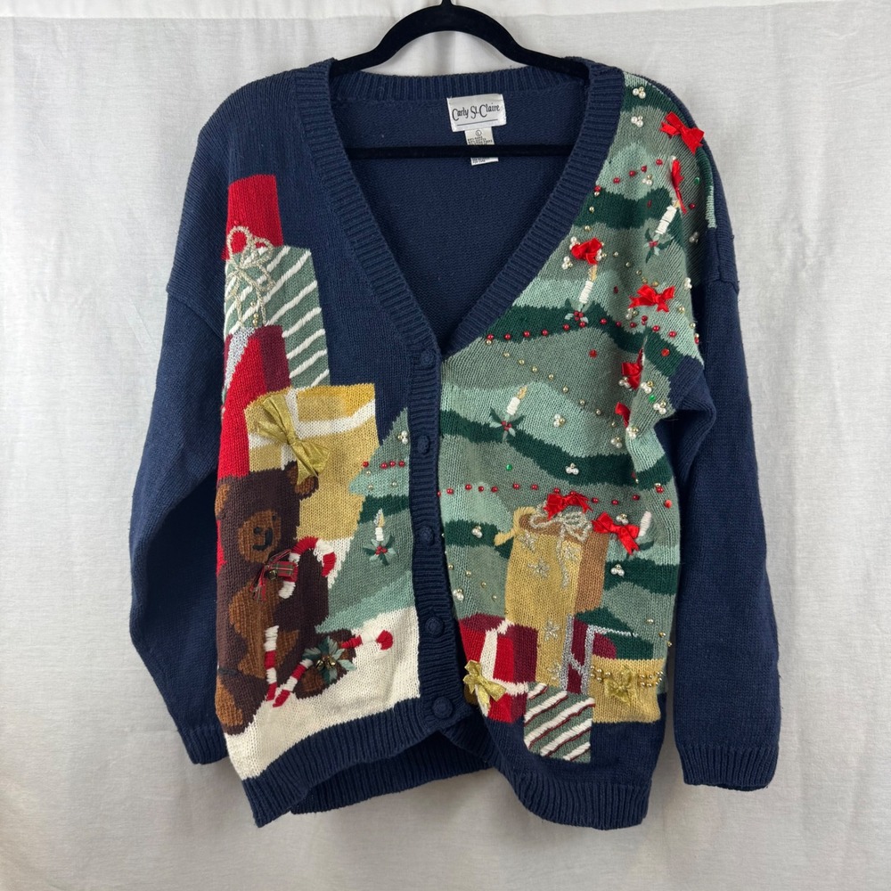Vintage Carly St. Claire Christmas Cardigan Sweater Teddy Bear Gifts Embellished
